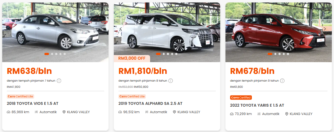Kereta toyota yang dijual oleh Carro Malaysia