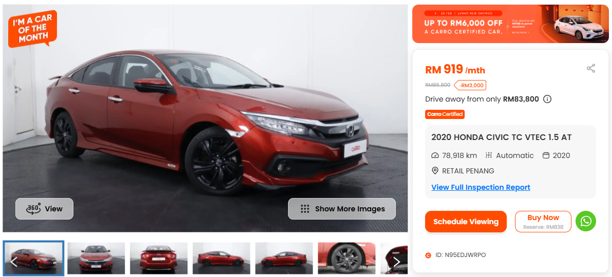 Red Honda Civic 1.5 2020 on Carro MY