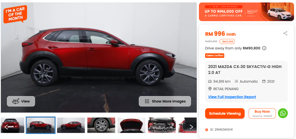 Red Mazda CX-30 2.0 2021 on Carro MY
